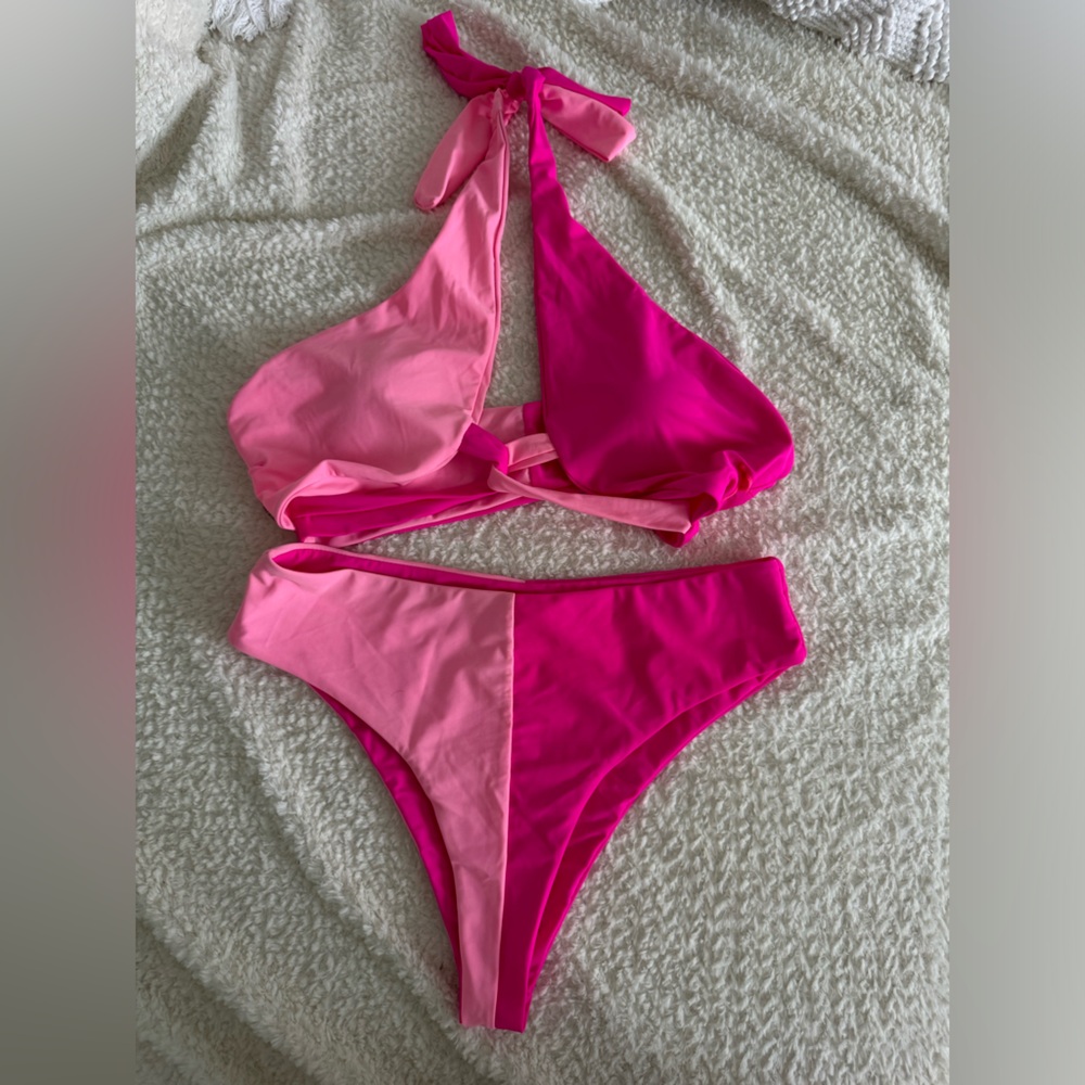 Pink bikini and white polka dot cover up